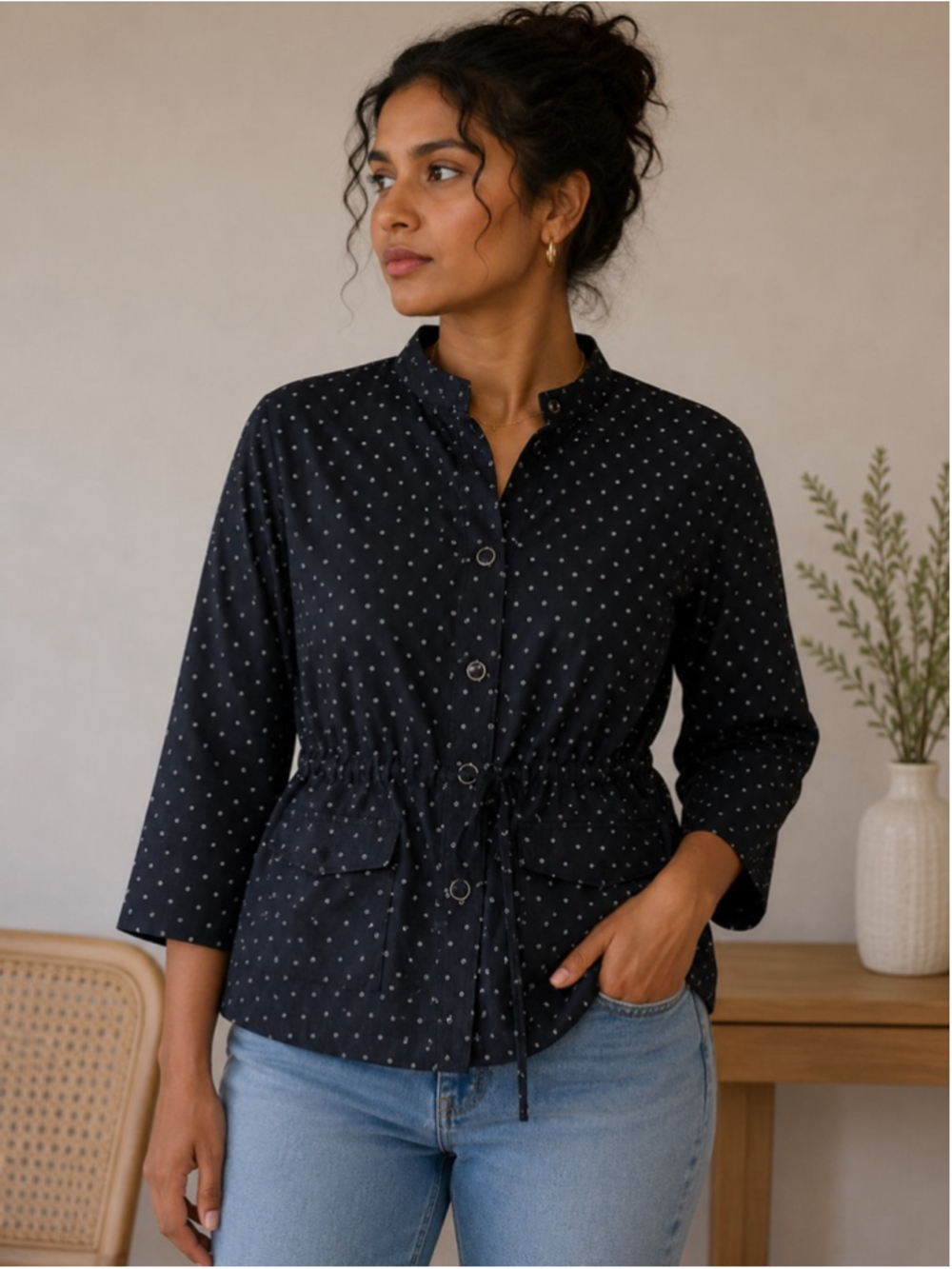 Women's Chico's Black White Polka Dot Jacket Size 1 Summer